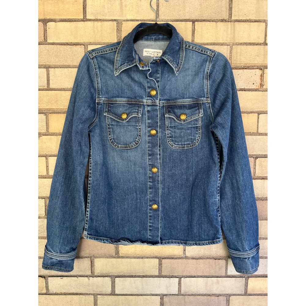Nili Lotan Denim Shirt Jacket Gold Eagle Crest Buttons Classic Wash Blue Size XS